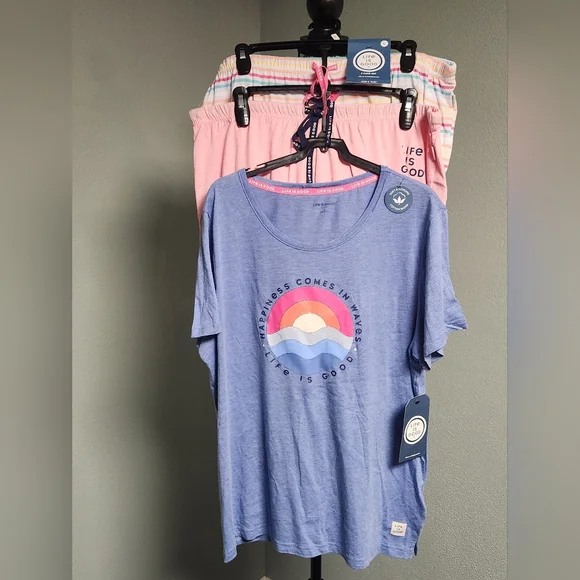 Life is Good Blueish Purple T-Shirt and Pink Shorts And Stripped Pants Set - Picture 1 of 4